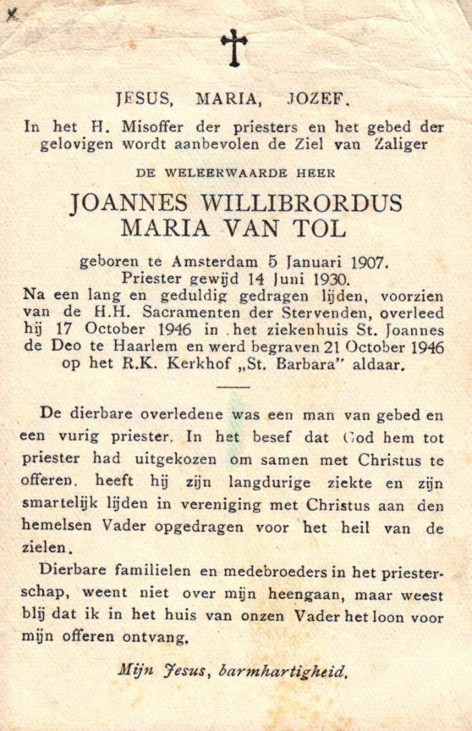 Tol van Joannes Willibrordus M. Amsterdam 1907-1946 Haarlem, Verzamelen, Bidprentjes en Rouwkaarten, Ophalen of Verzenden