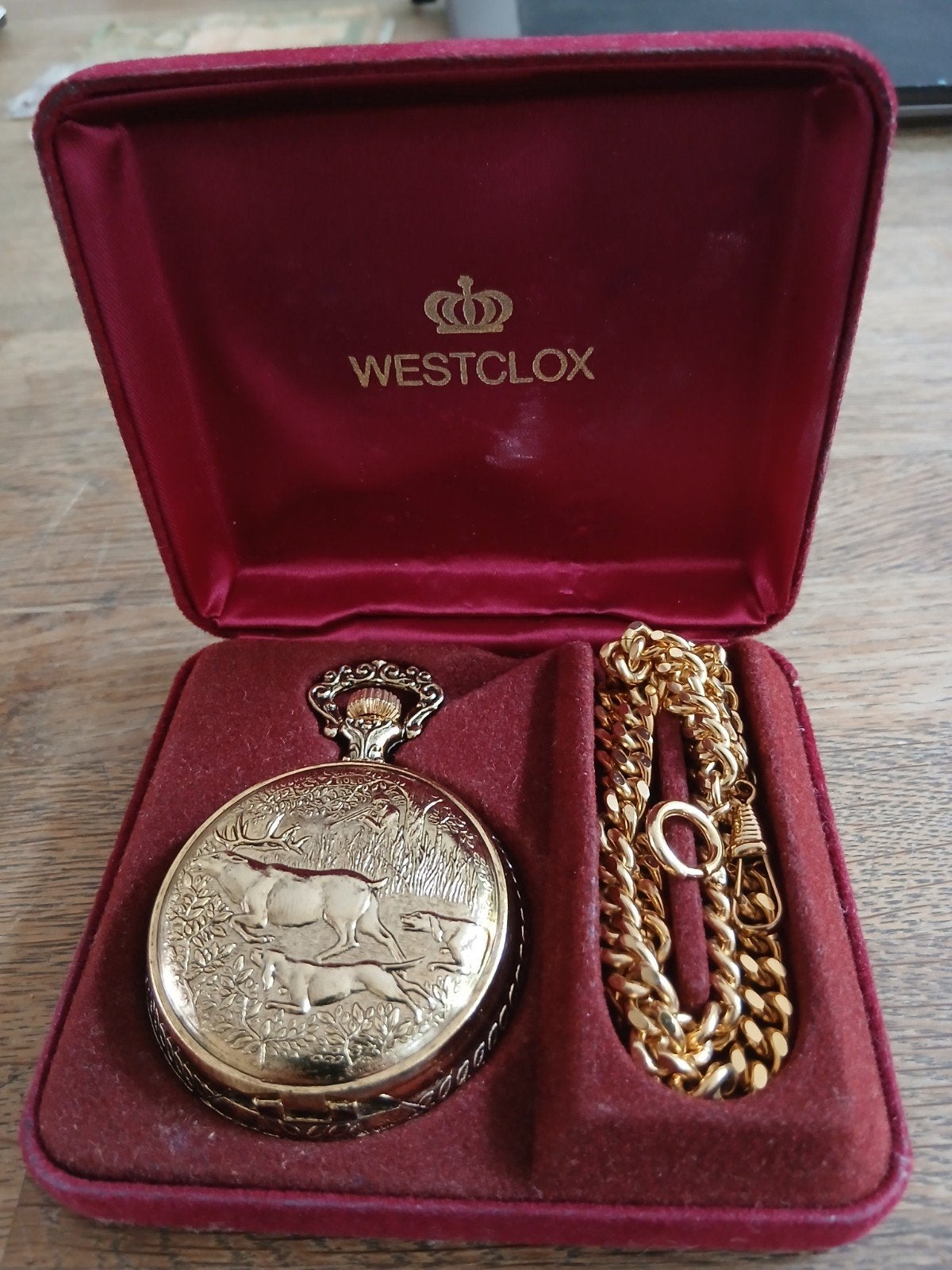 Westclox Zakhorloge met Jachtscène en Ketting, Ophalen of Verzenden