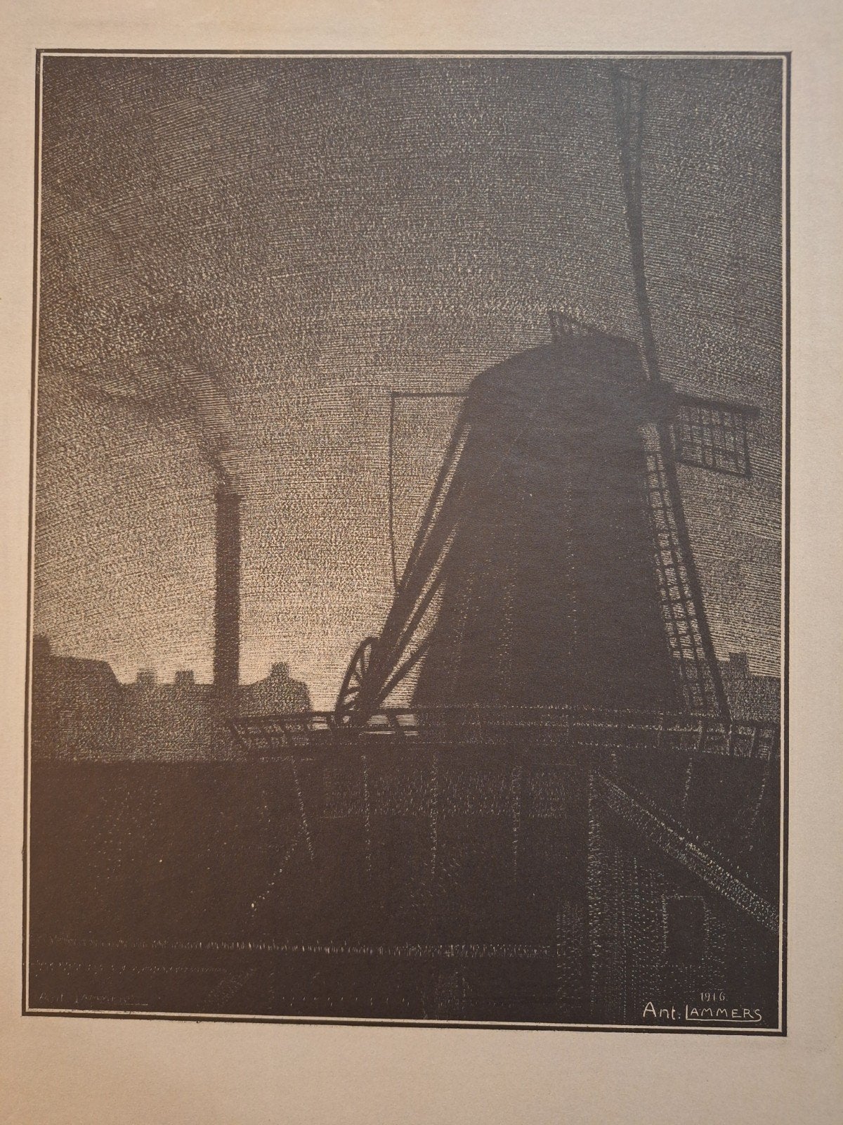 Ant. Lammers - Lithografie van molen / fabriek uit 1916, Antiek en Kunst, Ophalen of Verzenden