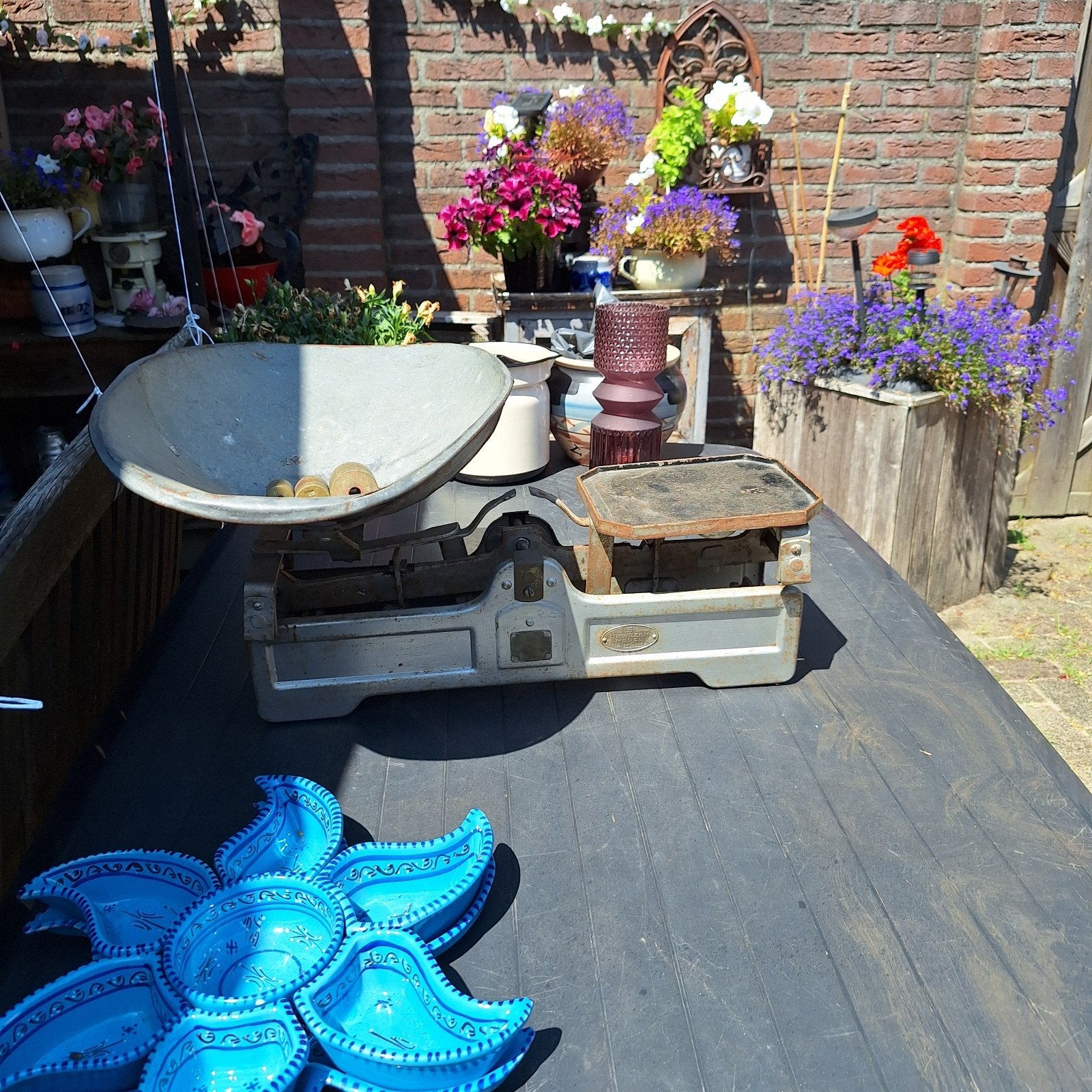 Antieke groenten- en aardappelweegschaal met gewichten, Ophalen of Verzenden