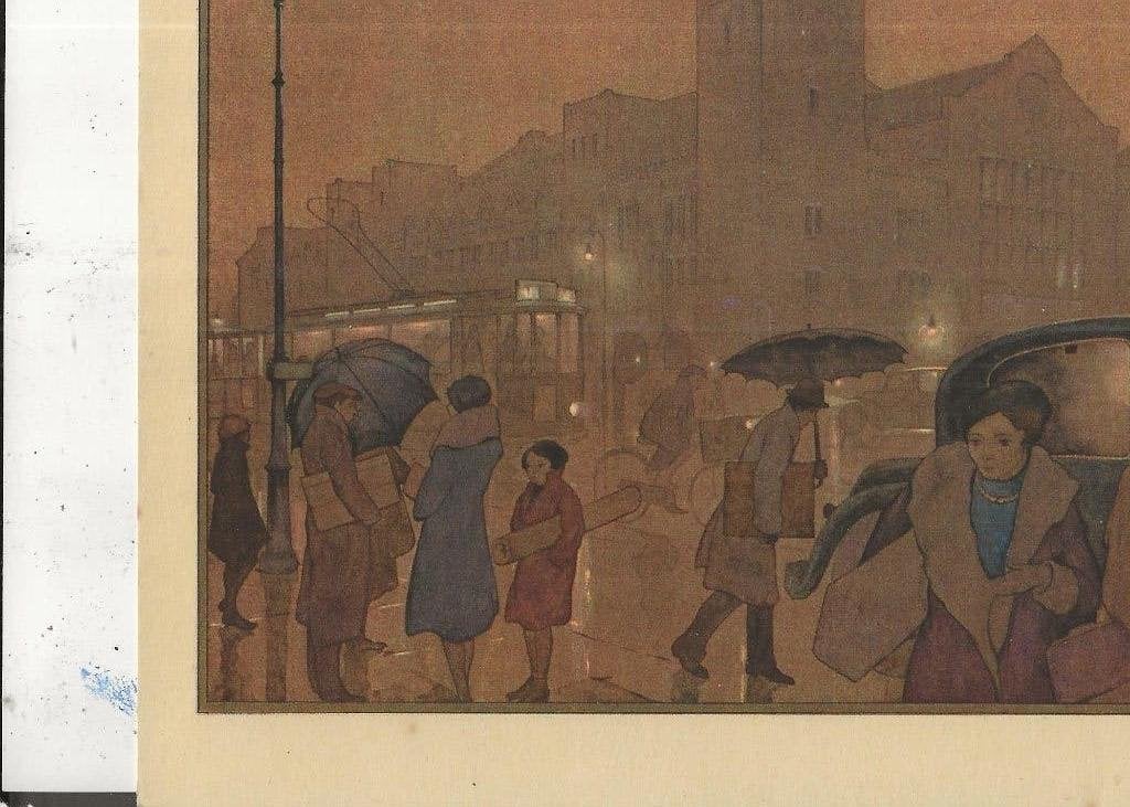 Anton Pieck Regenachtige avond in de stad 20-18 cm, Ophalen of Verzenden, 1940 tot 1960, Ongelopen, Overige thema's