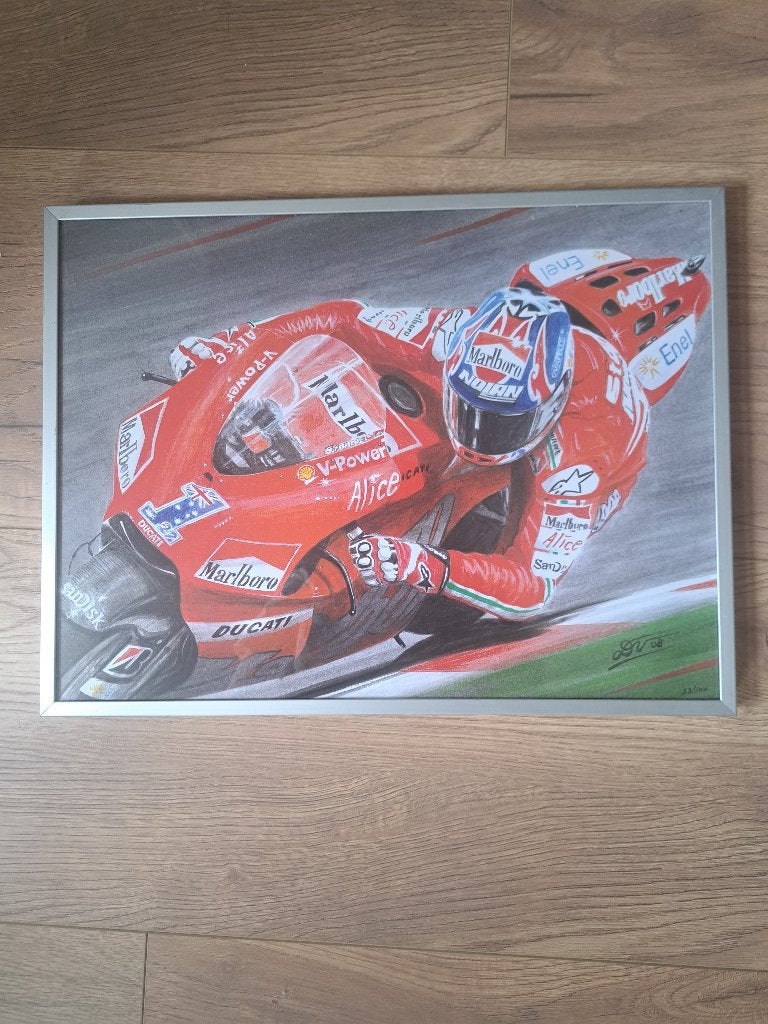 1 ingelijste motorrace tekening, Voertuigen, Papier/karton, Ophalen of Verzenden, Ingelijst