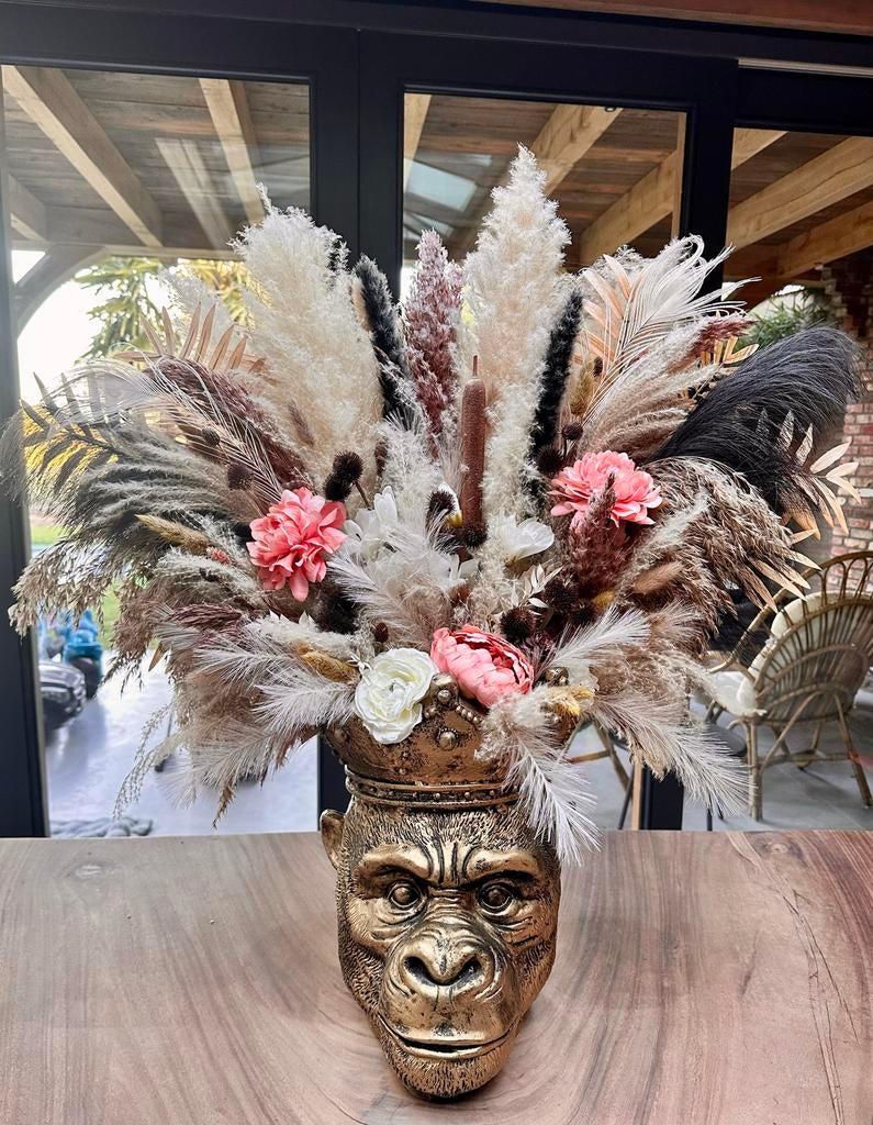 Gouden Gorilla Vaas met Droogbloemen Boeket, Huis en Inrichting, Ophalen of Verzenden, Zo goed als nieuw, Overige kleuren, Overige materialen
