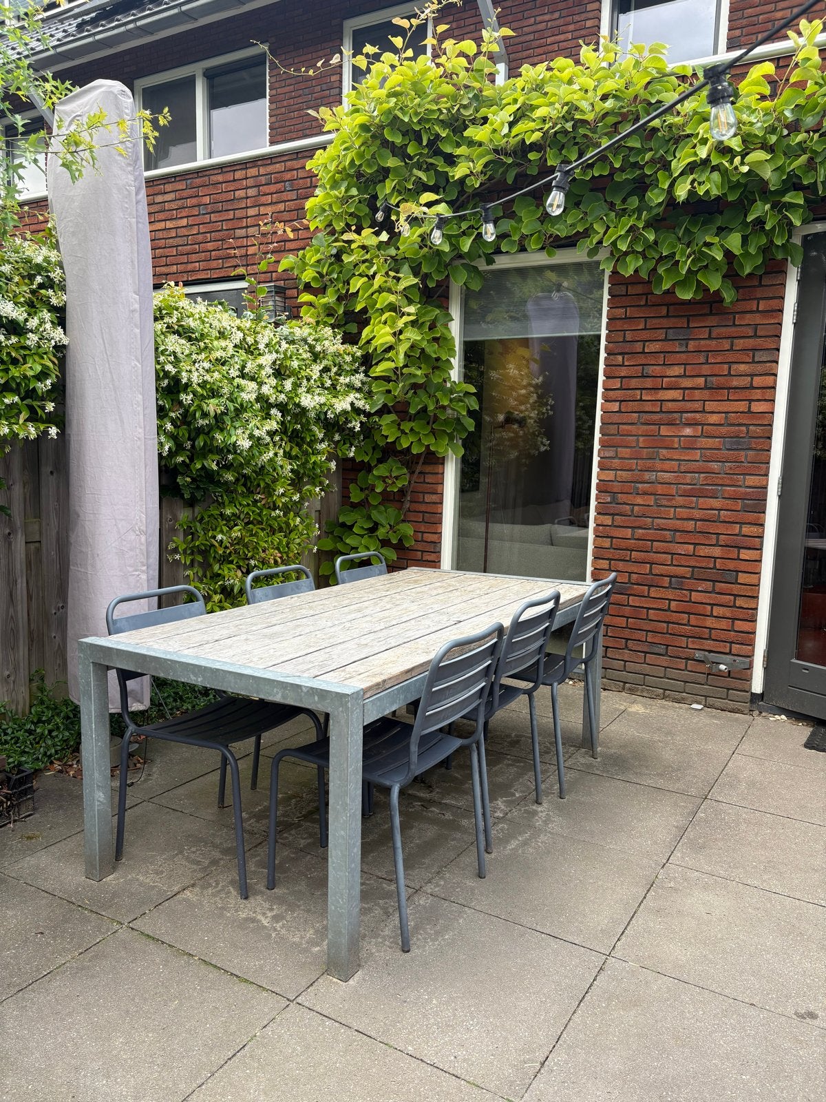 Houten tuintafel metalen frame, 6 metalen tuinstoelen, Tuin en Terras, Tuintafels, Ophalen, Gebruikt, Rechthoekig, Metaal