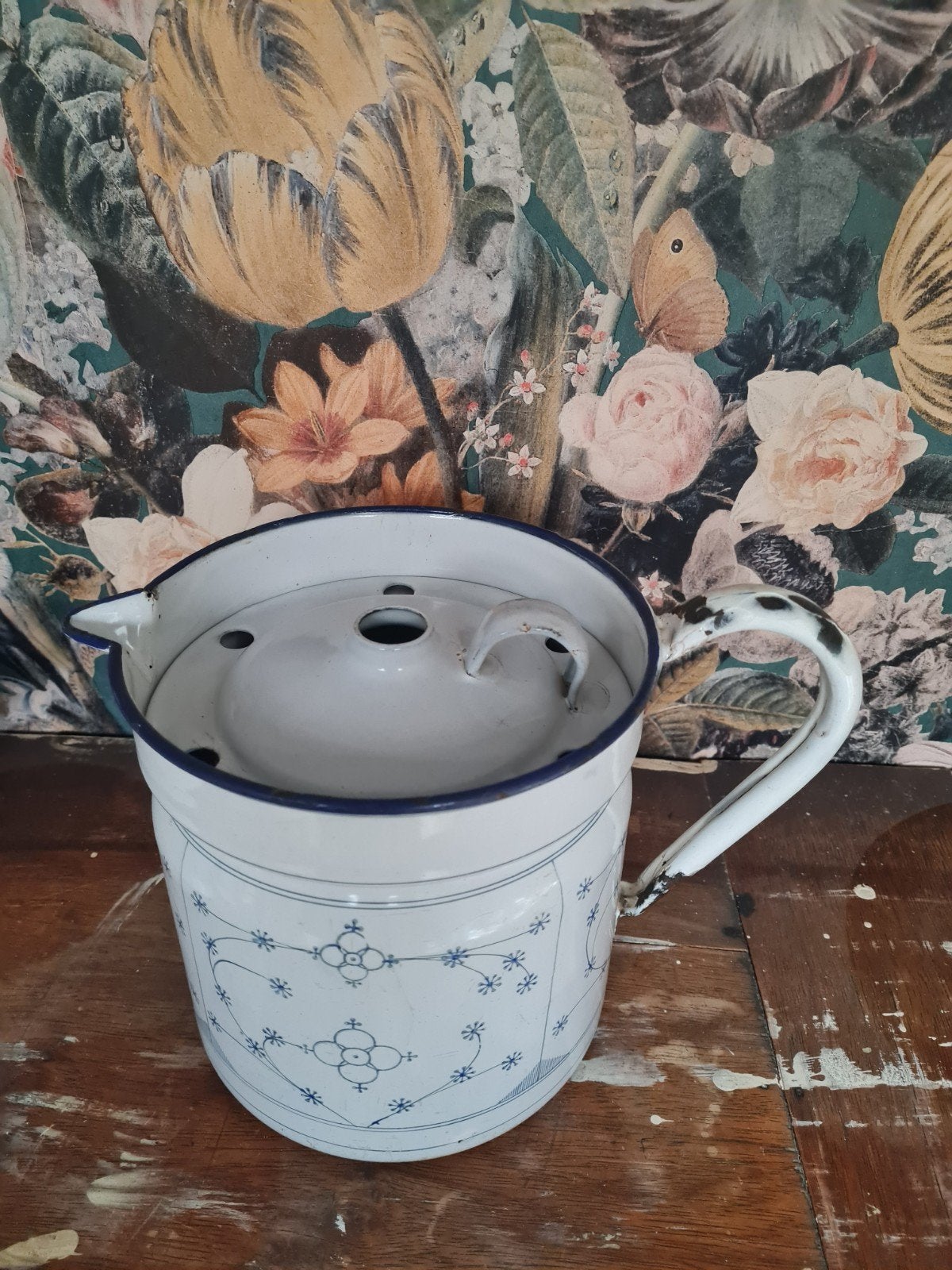 Antieke emaille melkkoker met blauw decor, Ophalen of Verzenden