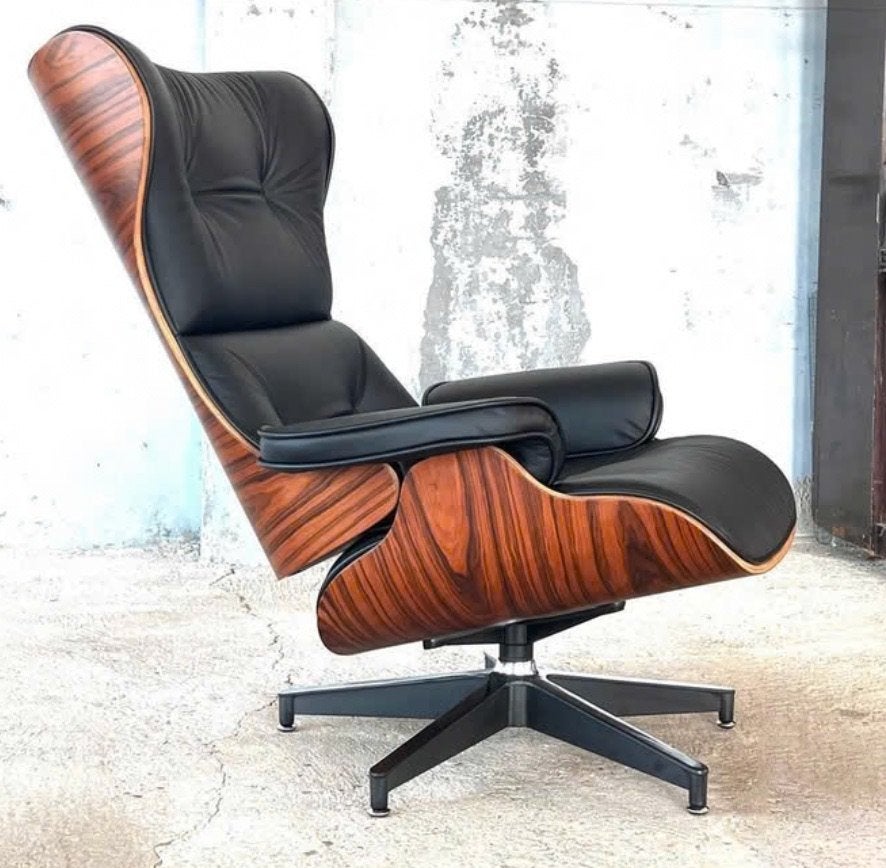 Luxe Eames Lounge Chair Stijl Fauteuil - Zwart Leer & Hout, Huis en Inrichting, Fauteuils, Ophalen, Modern, Design, Mid-century, Lounge