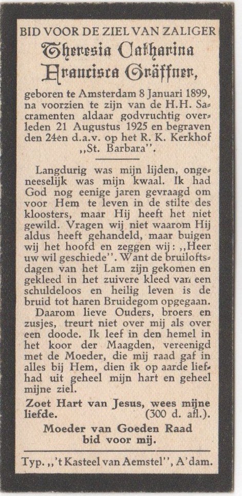 Theresia C.F. Gräffner 1899 - 1925 Amsterdam, 26 jaar oud, Verzamelen, Verzenden