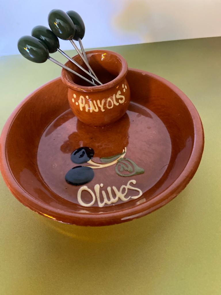 Olijvenschaaltje met 4 olijfcocktailprikkers., Gebruikt, Ophalen of Verzenden, Schaal of Schalen, Overige stijlen