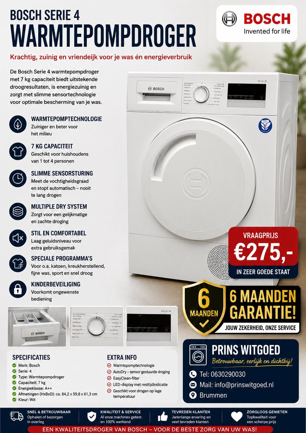 Bosch serie 4 7kg warmtepompdroger met 6 mnd garantie, Ophalen, 8 tot 10 kg, Zo goed als nieuw, 85 tot 90 cm