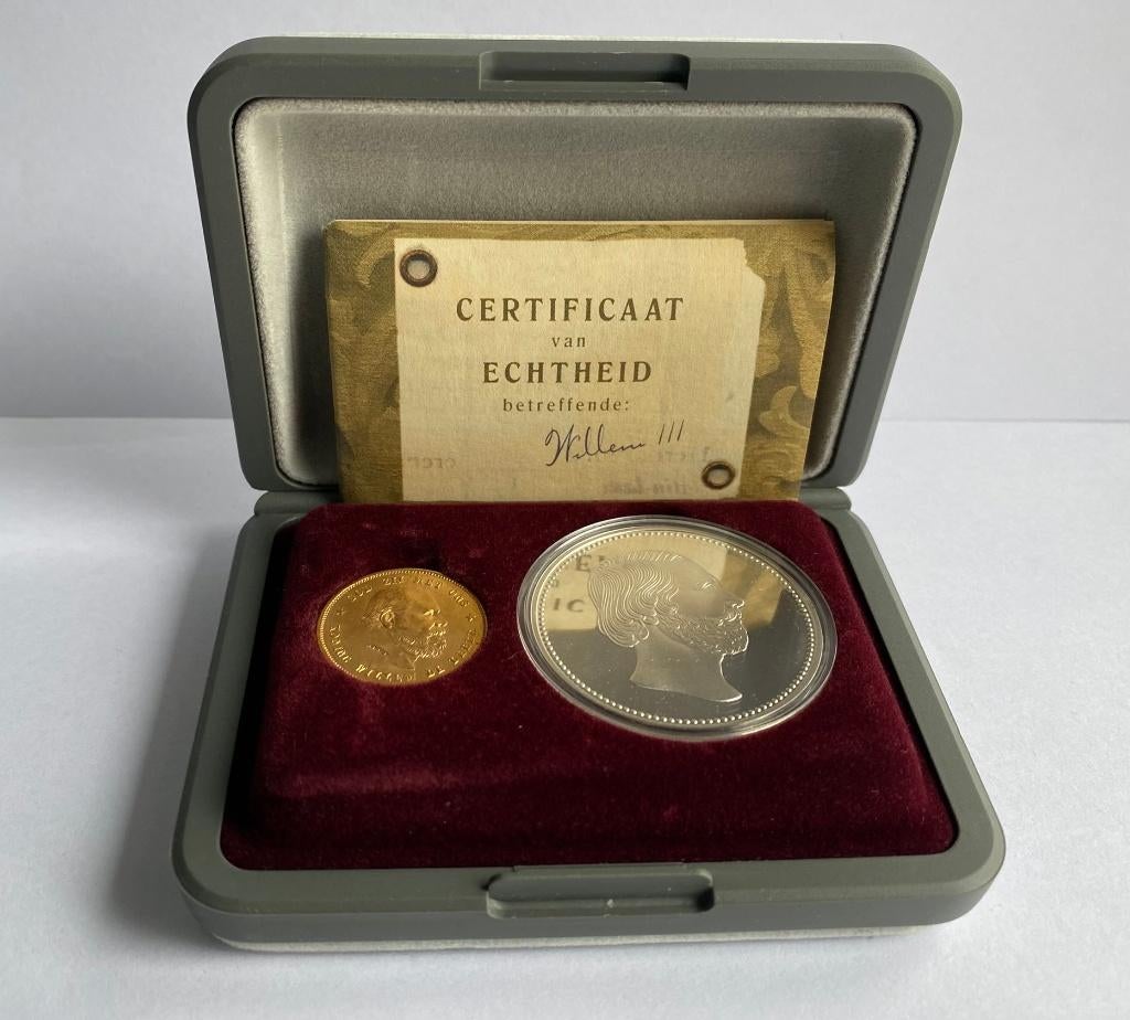 Gouden Tientje met zilveren Penning Willem III 1875, Postzegels en Munten, Munten | Nederland, Koning Willem III, Setje, Ophalen of Verzenden