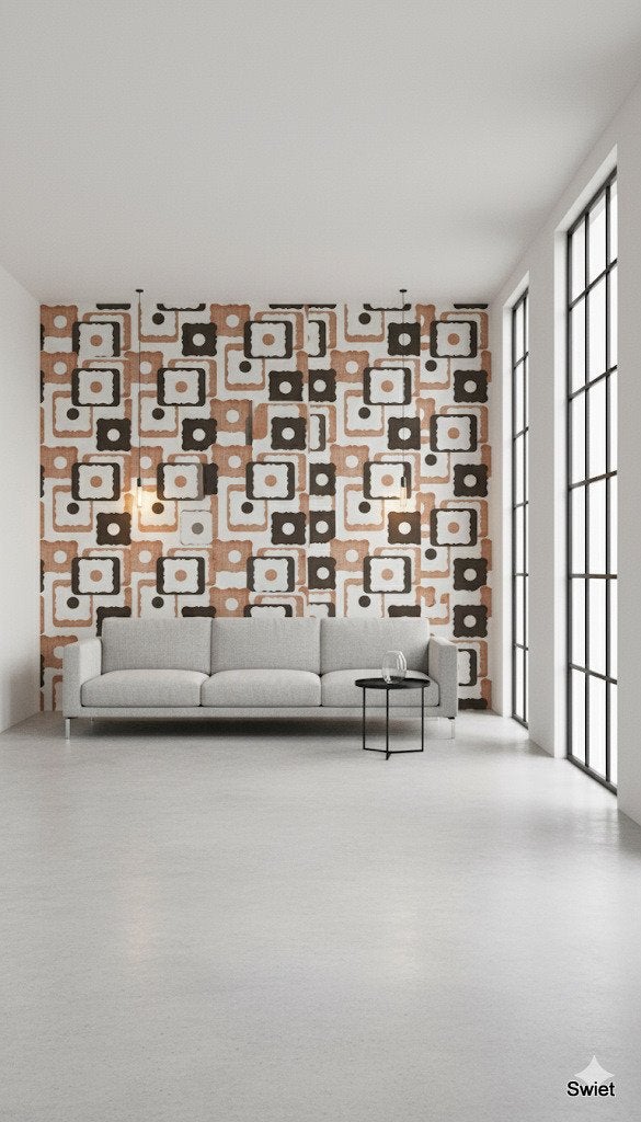 14144 vintage geometrisch behang bruin copper ivory swiet, Ophalen of Verzenden, Bruin