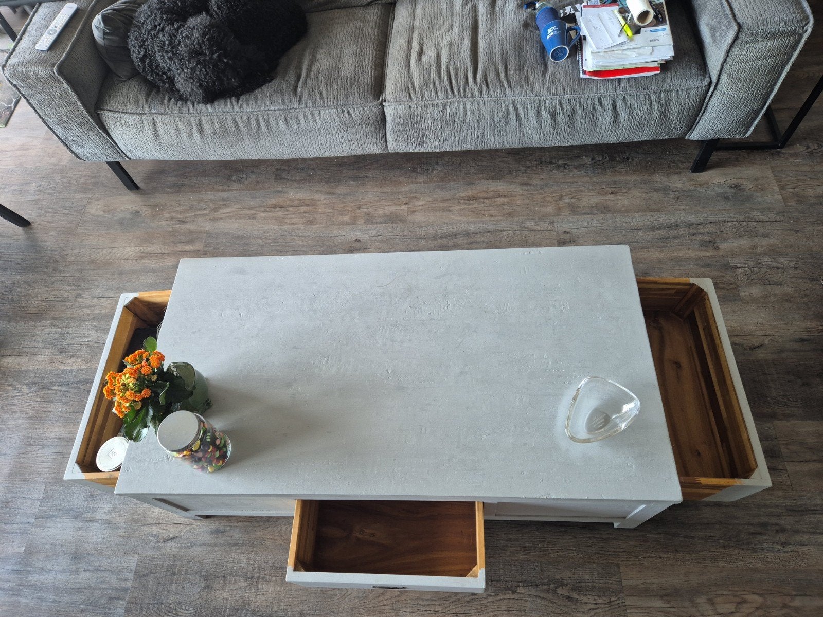 Salontafel met erg veel opbergruimte soft gray, Huis en Inrichting, Tafels | Salontafels, Ophalen, Gebruikt, 100 tot 150 cm, Teakhout
