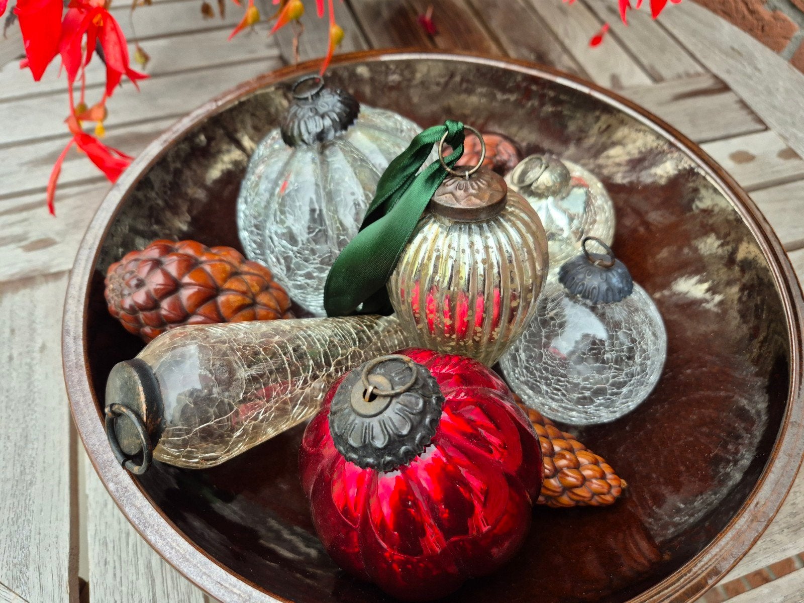 6 Vintage craquelé pompoen kerstballen heksenballen, Ophalen of Verzenden, Zo goed als nieuw