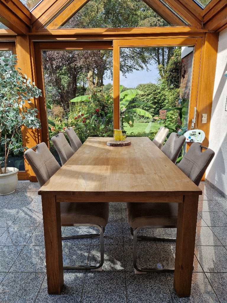 Tafel massief Teak 220x100cm en 6 swing stoelen. 50% eraf !!, Huis en Inrichting, Ophalen, 200 cm of meer, 50 tot 100 cm, Zo goed als nieuw