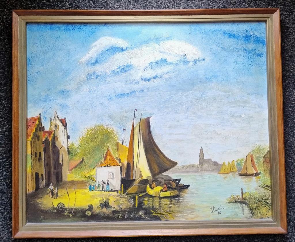 Schilderij J. Bunt - Hollands Landschap met Schepen, Antiek en Kunst, Kunst | Schilderijen | Klassiek, Ophalen