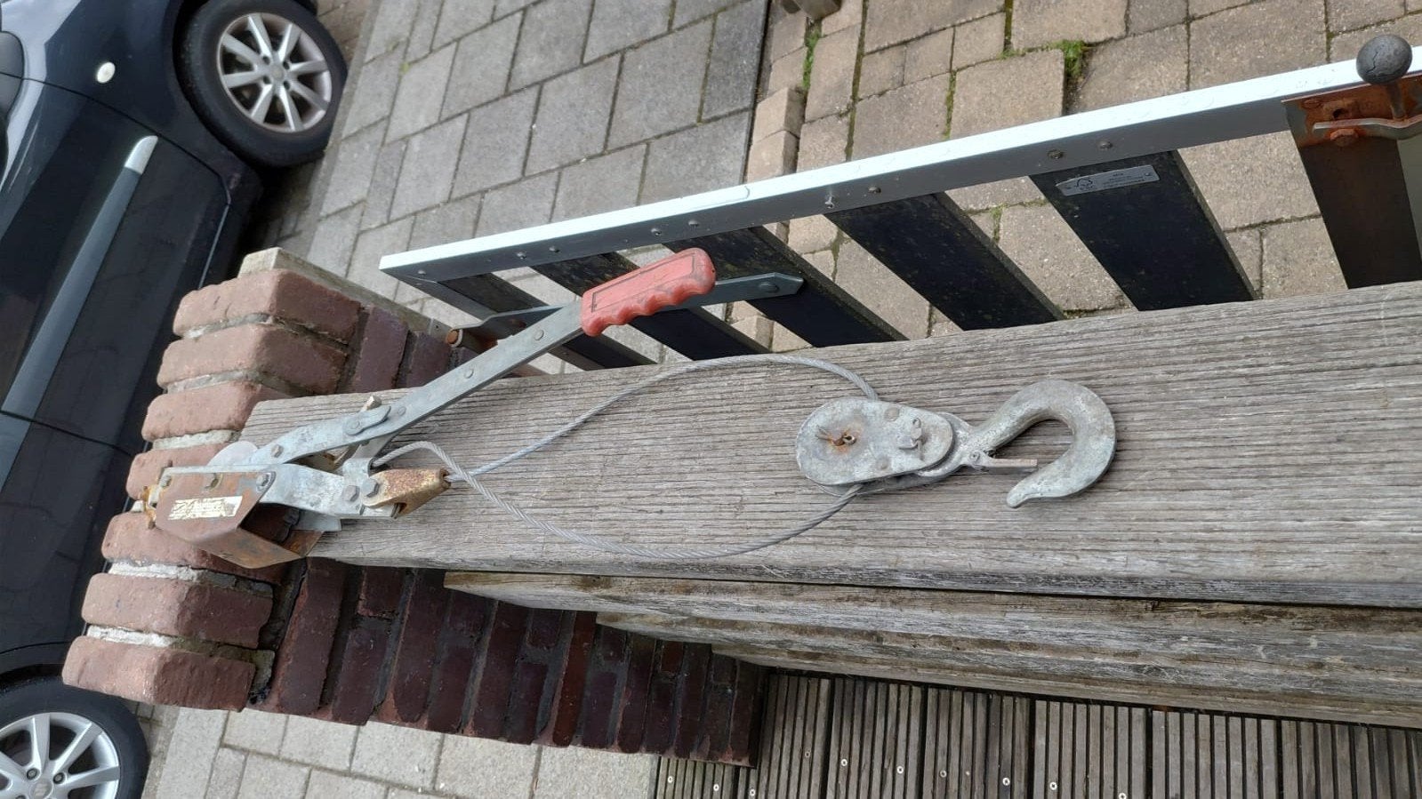 Handtakel met staalkabel en haken, Doe-het-zelf en Verbouw, Lieren en Takels, Ophalen of Verzenden, Gebruikt