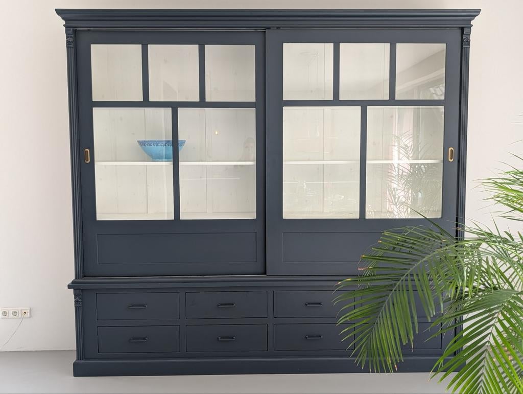 Blauw/zwarte buffetkast, vintage, old basics, Huis en Inrichting, Ophalen, Met deur(en), 200 cm of meer, Zo goed als nieuw