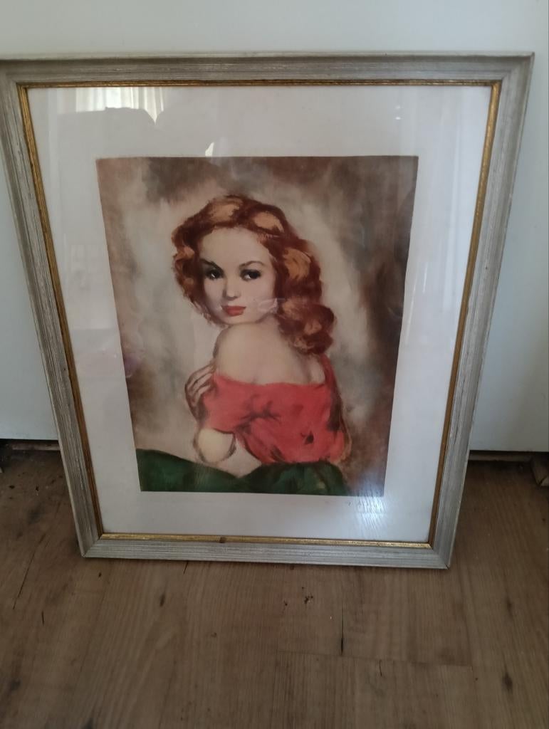 Vintage ingelijste print van een vrouw, gesigneerd, Ophalen of Verzenden