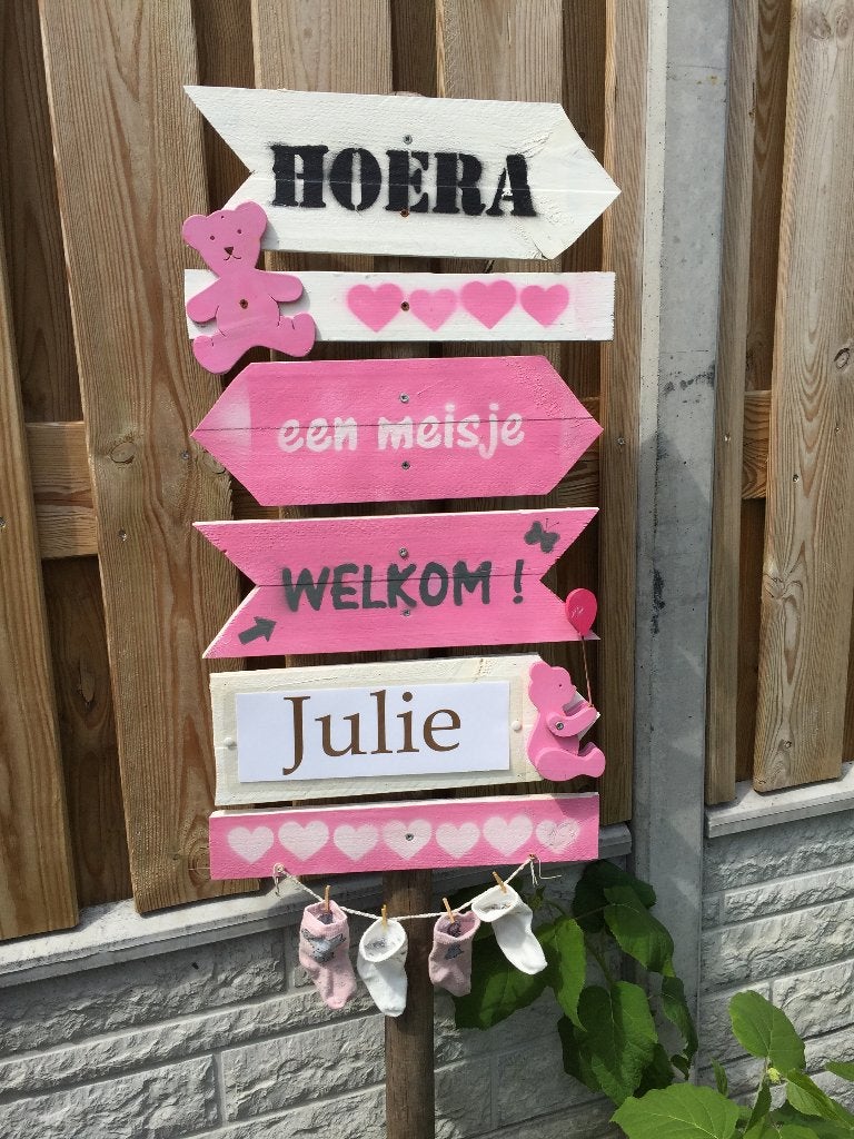 GEBOORTEBORD WEGWIJZER BORD meisje 3d BEERTJES huren baby, Ophalen, Zo goed als nieuw, Geboortebord