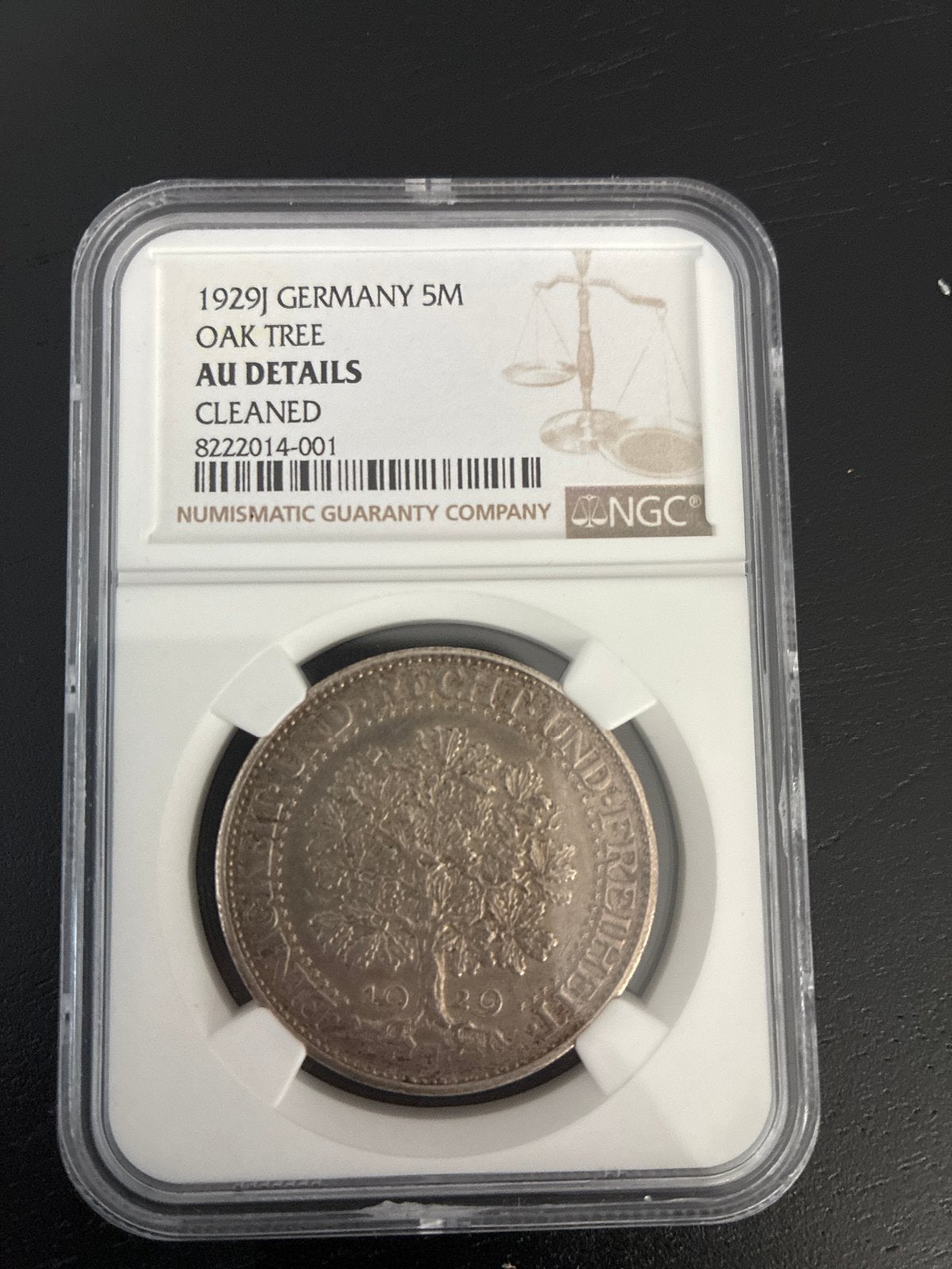 1929J Duitsland 5 Mark Eikenboom Zilveren Munt NGC, Ophalen of Verzenden, Duitsland, Losse munt, Zilver