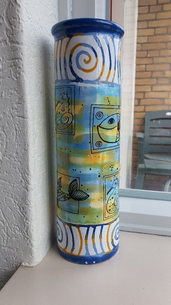 Grote Keramieken Zee Vaas met Schildpadden & Vissen 31 cm, Ophalen of Verzenden, Blauw