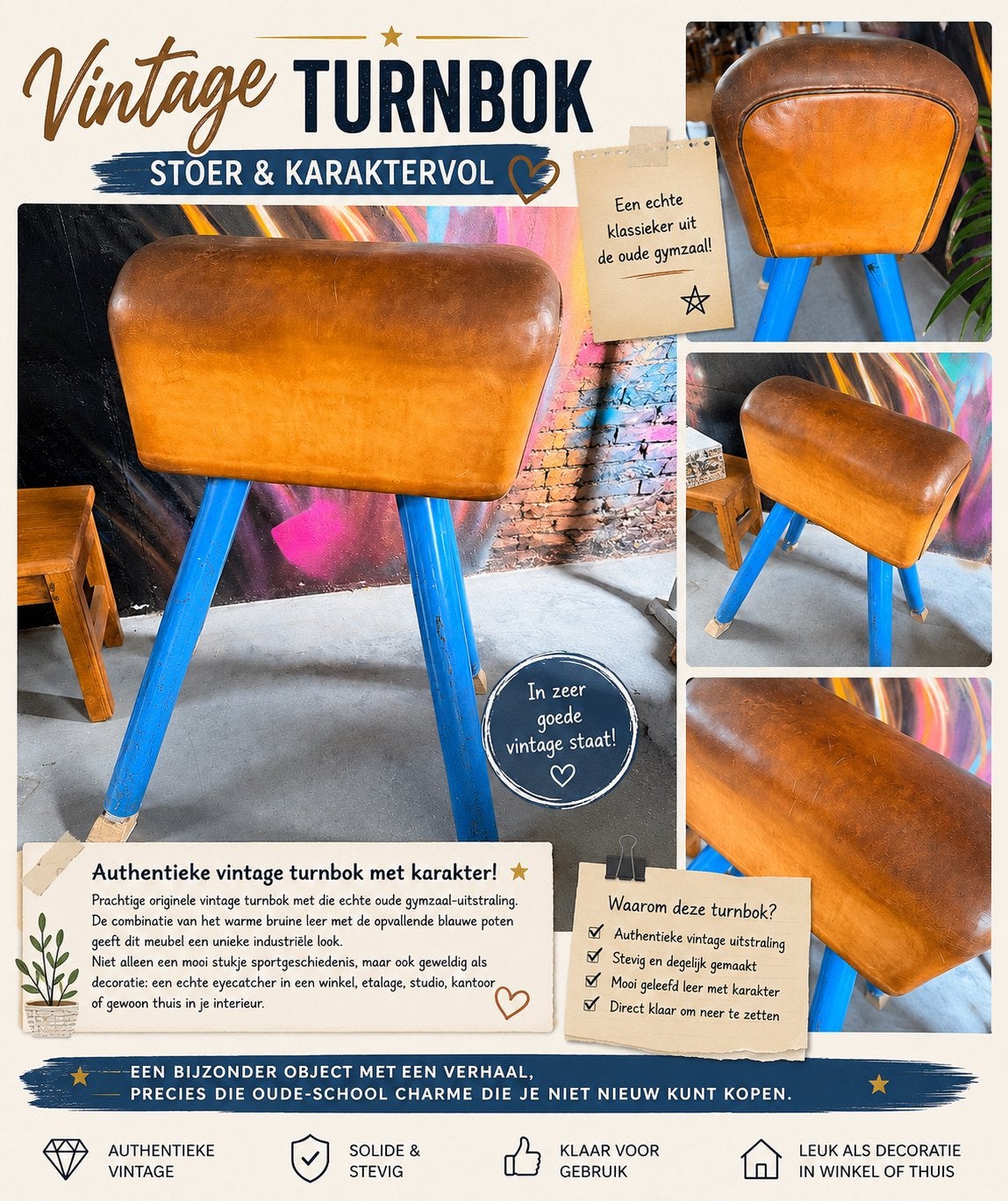 Vintage turnbok / gymbok – stoer & karaktervol, Ophalen, Zo goed als nieuw, Materiaal