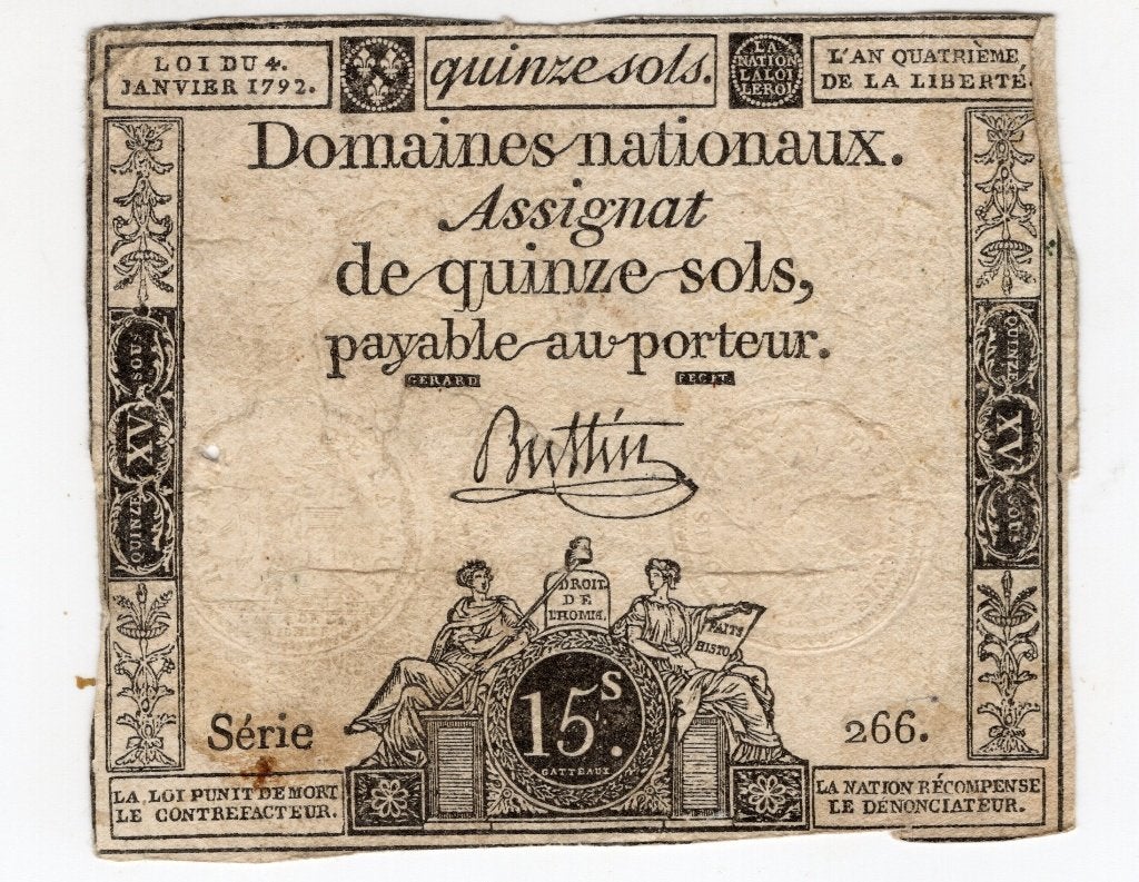 Frankrijk 15 Assignaat 1792 droogstempel konings profiel, Ophalen of Verzenden, Frankrijk