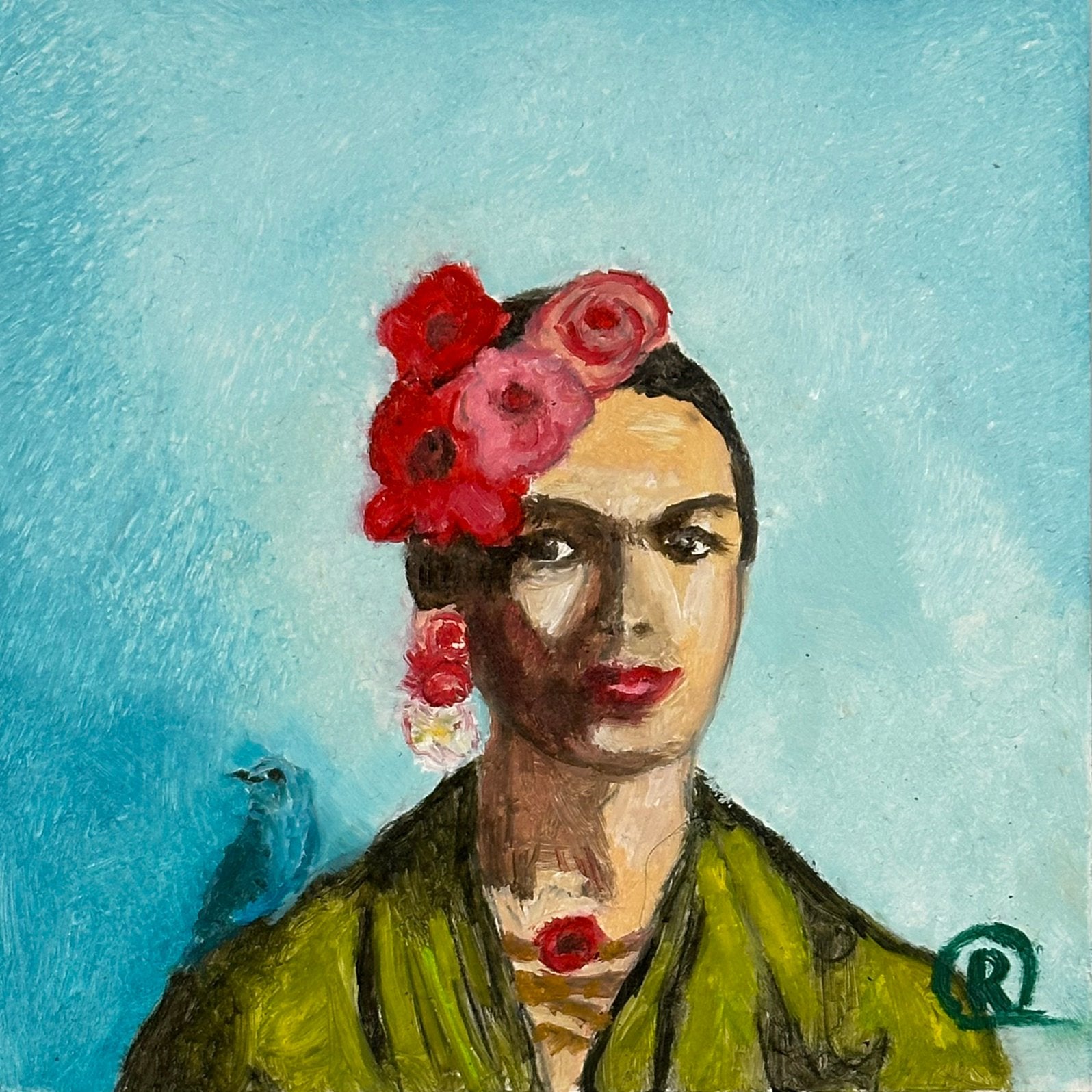 Frida Kahlo blue bird, Antiek en Kunst, Ophalen of Verzenden, Olieverf, Overige materialen, Gesigneerd