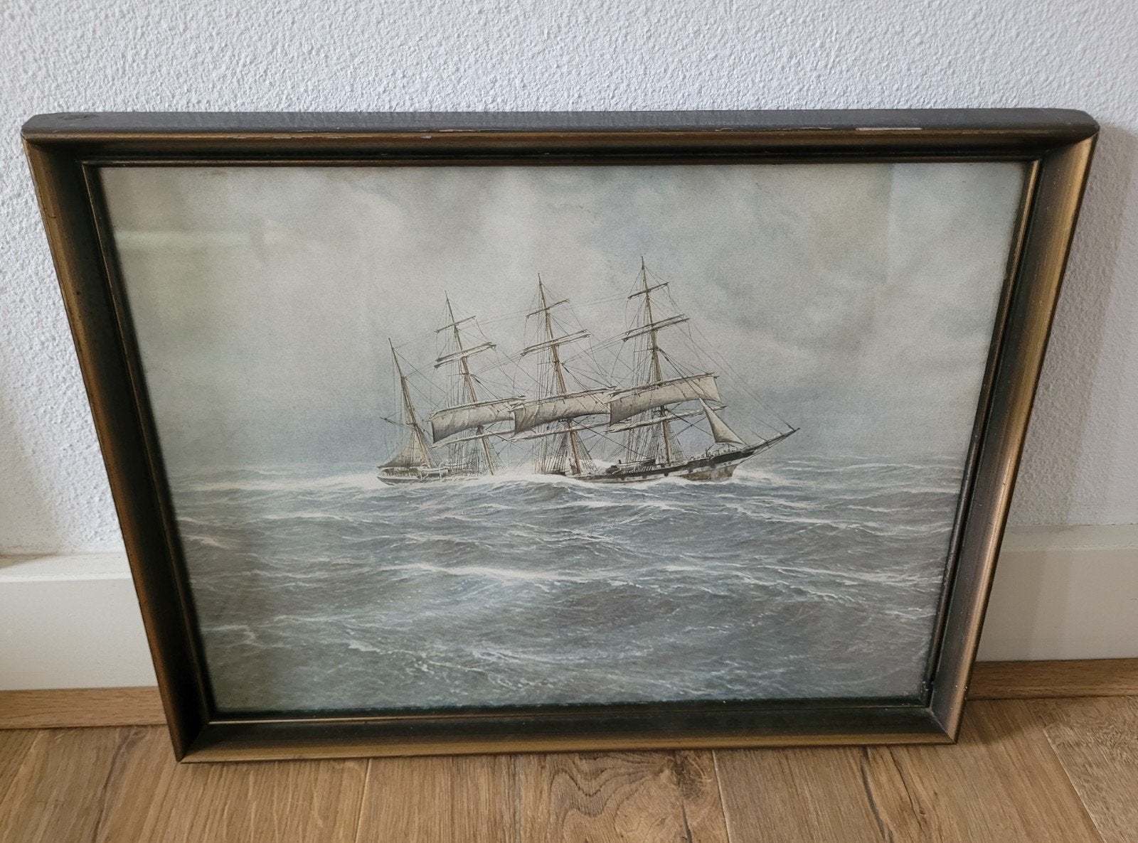 Joh. Holst 3-master op zee ingelijst achter glas, Ophalen of Verzenden