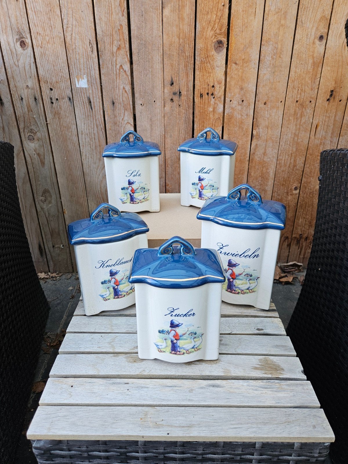 Set van 5 Vintage Keukenpotten met Blauwe Deksel, Antiek en Kunst, Ophalen of Verzenden
