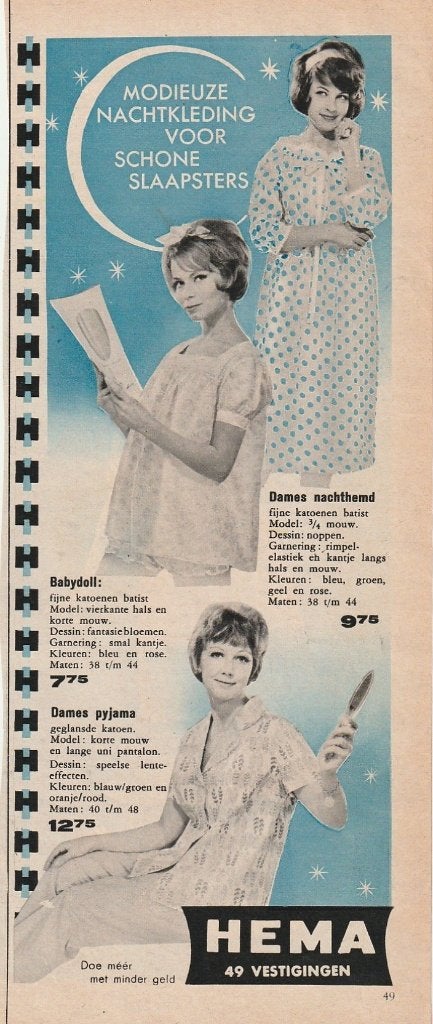 Retro reclame 1959 Hema pyjama's en nachthemden dames, Verzenden, Overige typen