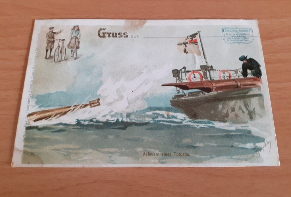 Het afvuren van een torpedo  Duitsland kaart 1908, Ophalen of Verzenden, Marine, Duitsland, Foto of Poster