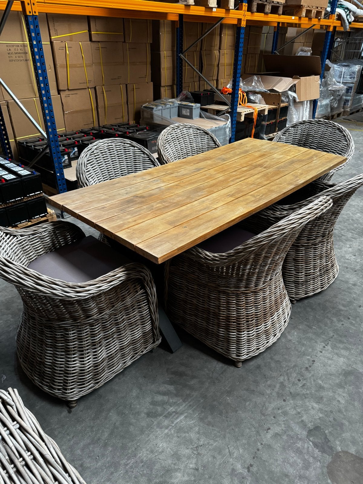 Teakhouten tuintafel met 6 wicker stoelen, Tuin en Terras, Tuintafels, Ophalen, Gebruikt, Rechthoekig, Hout