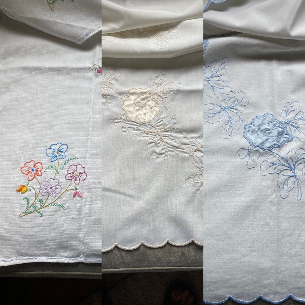 Vintage / Geborduurde tafelkleedjes - tafelkleedje, Gebruikt, Katoen, Wasbaar, Wit