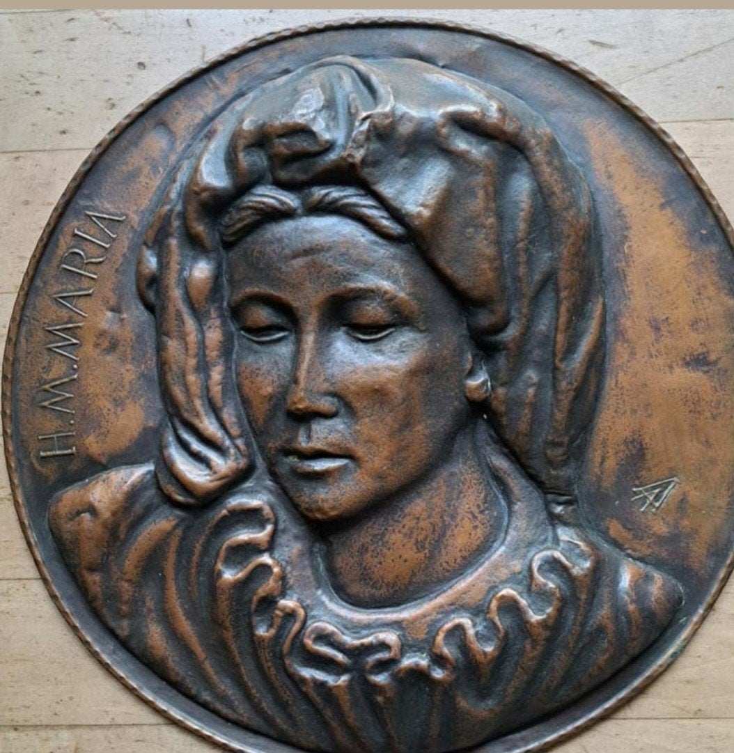 Antieke bronzen plaquette H.M. Maria, gesigneerd, Ophalen of Verzenden