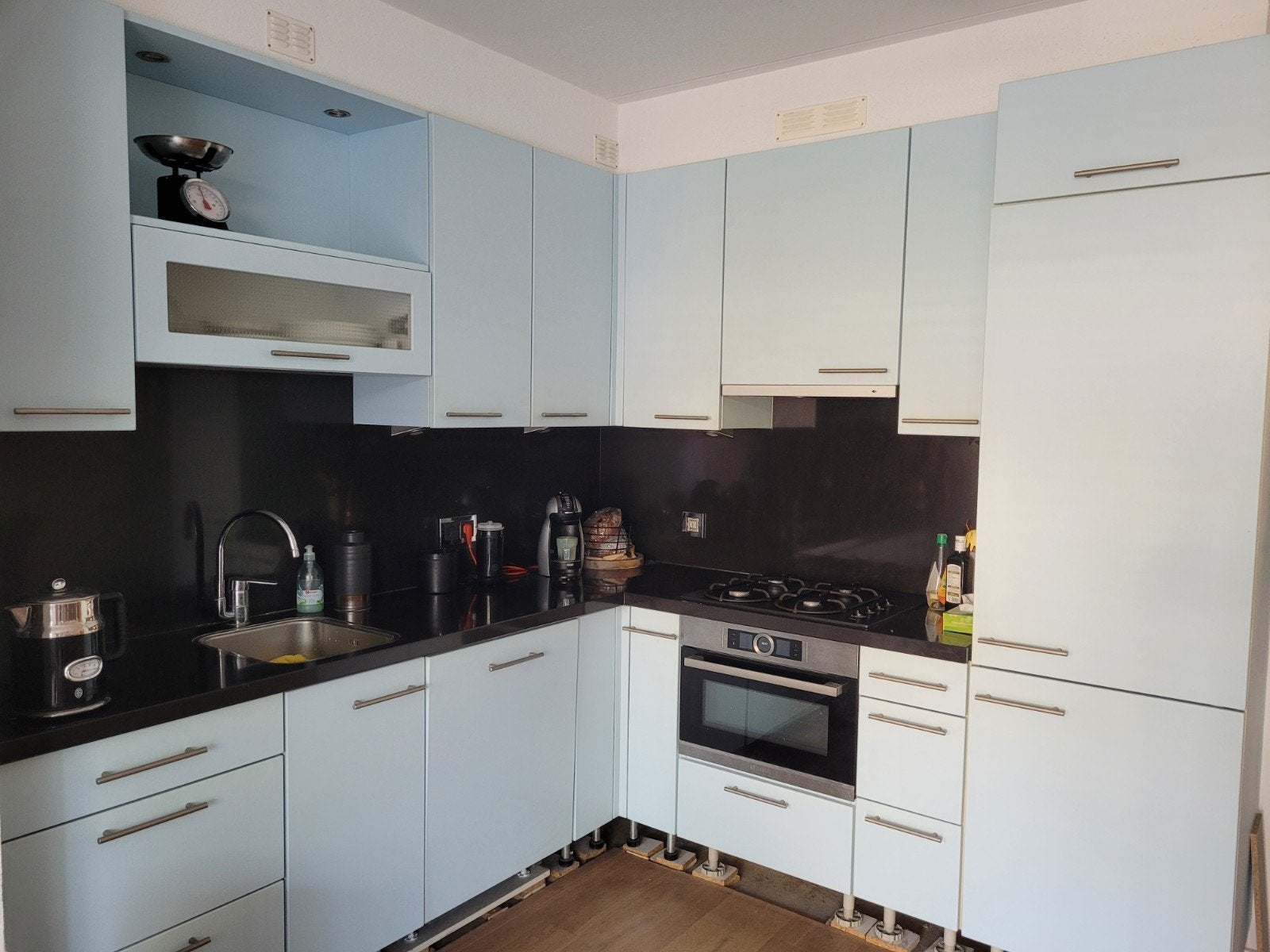 Lichtblauwe hoekkeuken, Ophalen, Gebruikt, Overige materialen, Blauw