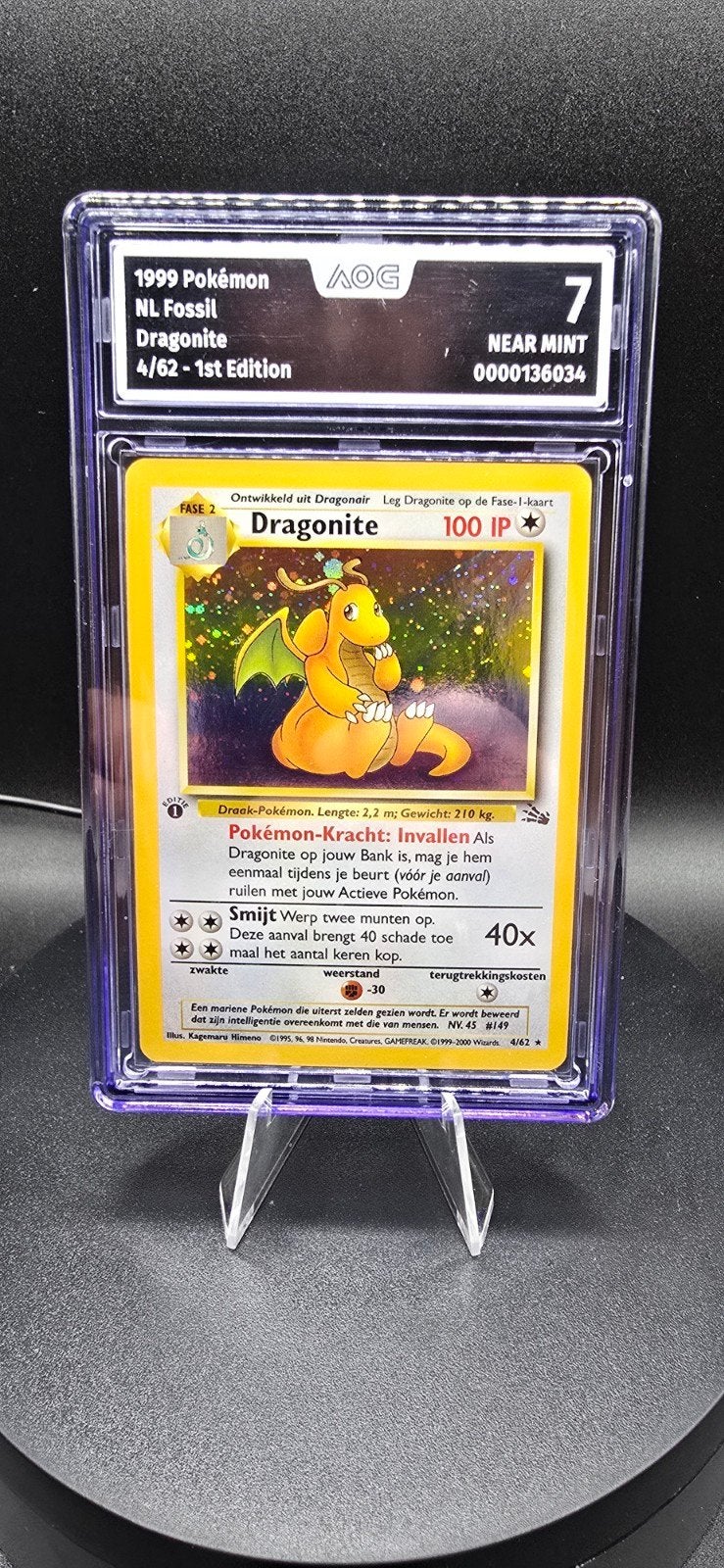 Zeldzame Dragonite Holo 1st Edition - NL Fossil - AOG 7, Ophalen of Verzenden, Nieuw