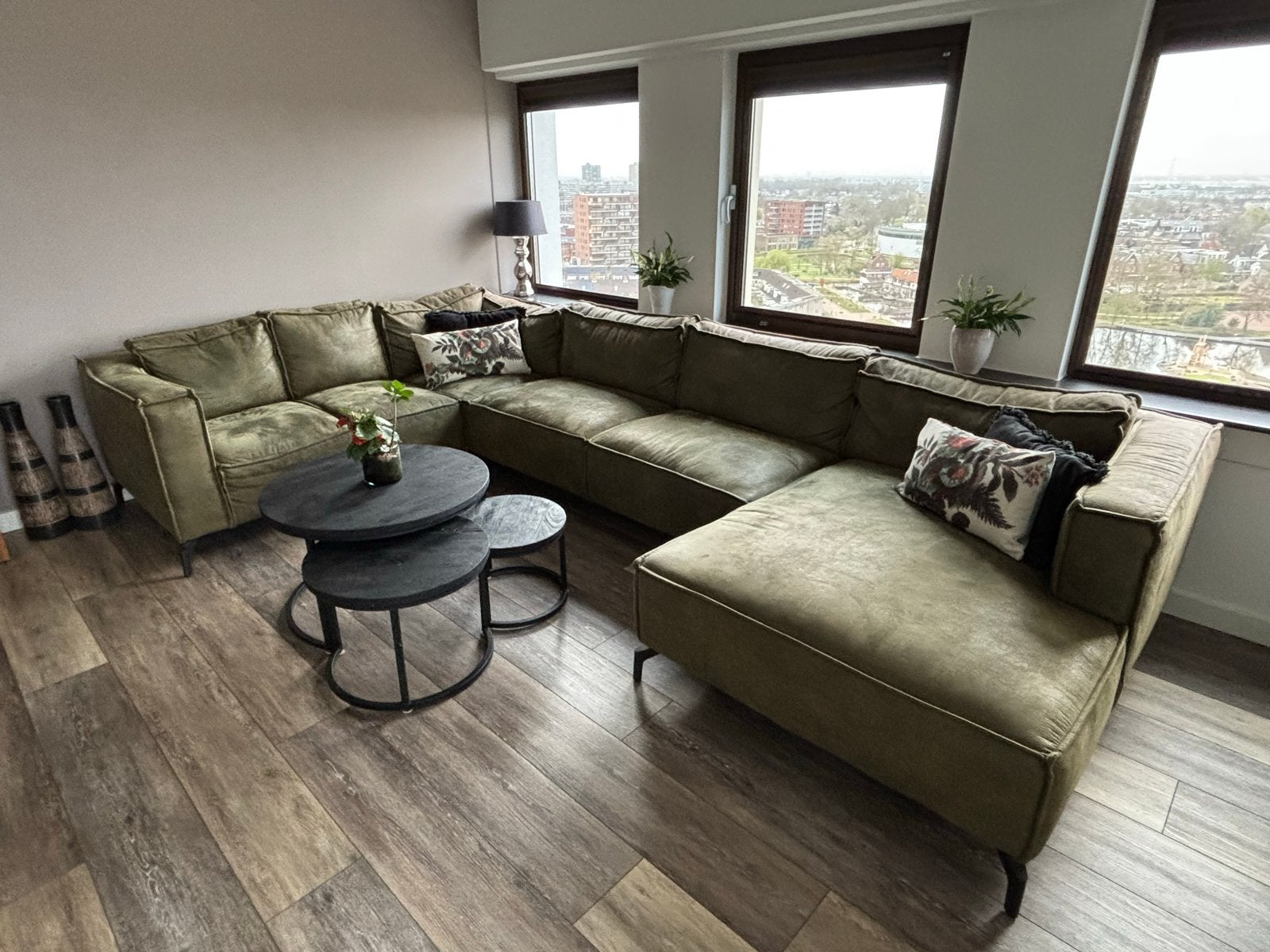 Grote hoekbank met chaise longue - Olijfgroen, Ophalen, Hoekbank, 300 cm of meer, Zo goed als nieuw