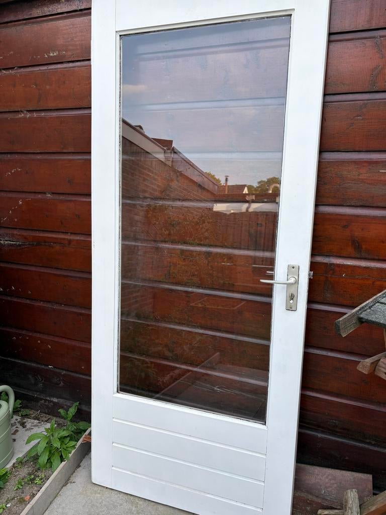 Hardhouten buitendeur met enkel glas en deurbeslag, Ophalen, Gebruikt, 80 tot 100 cm, Buitendeur