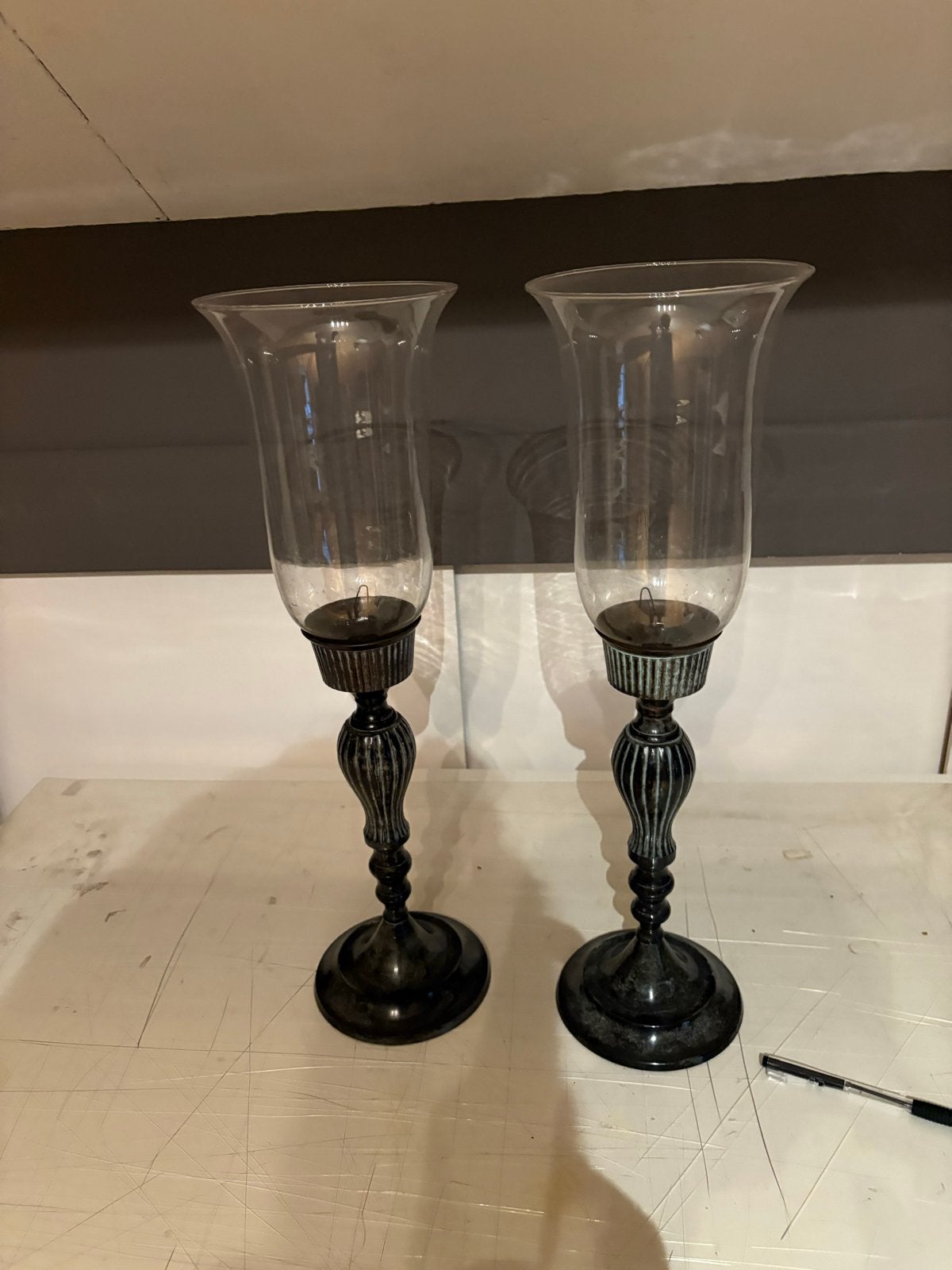 Set van 2 elegante kandelaars met glazen windlichten, Ophalen, Overige materialen
