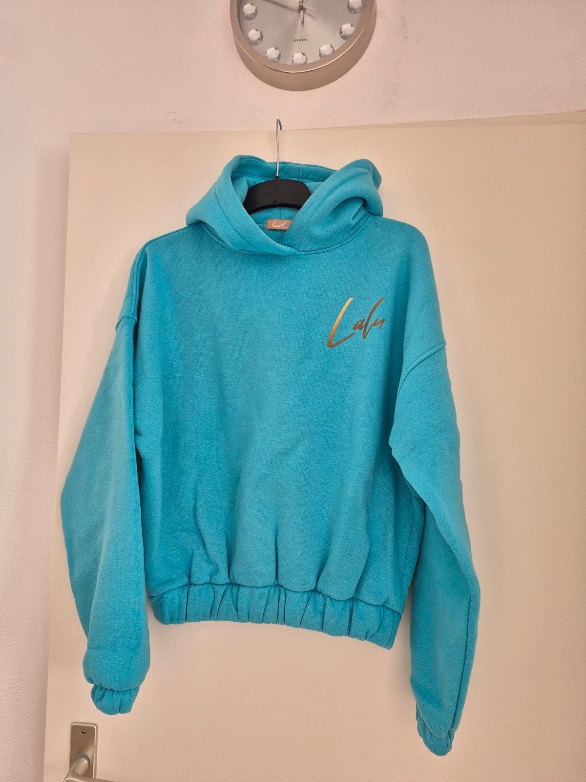 turquoise trui met print LaLu mt sml, Ophalen of Verzenden, Zo goed als nieuw, Maat 36 (S), Blauw