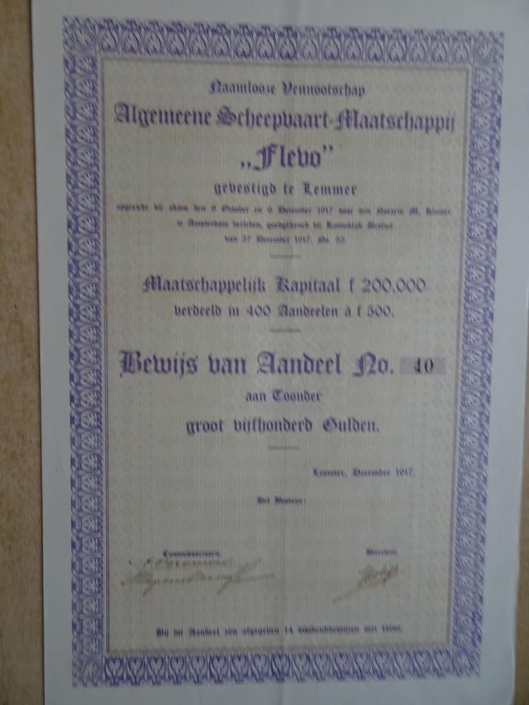 Aandeel Algemeene Scheepvaart Ma. 'FLEVO" te Lemmer 1917, Ophalen of Verzenden, Voor 1920, Aandeel