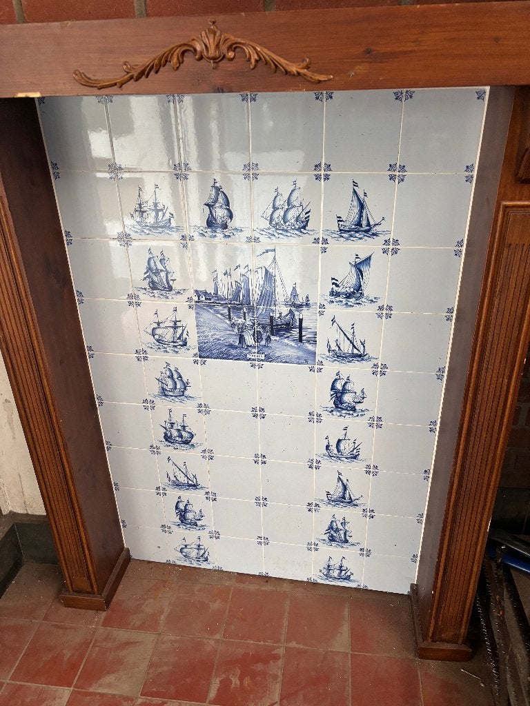 Houten haardschouw Delfts Blauw tableau keramiek, Ophalen, Gebruikt, Vrijstaande haard, Overige soorten