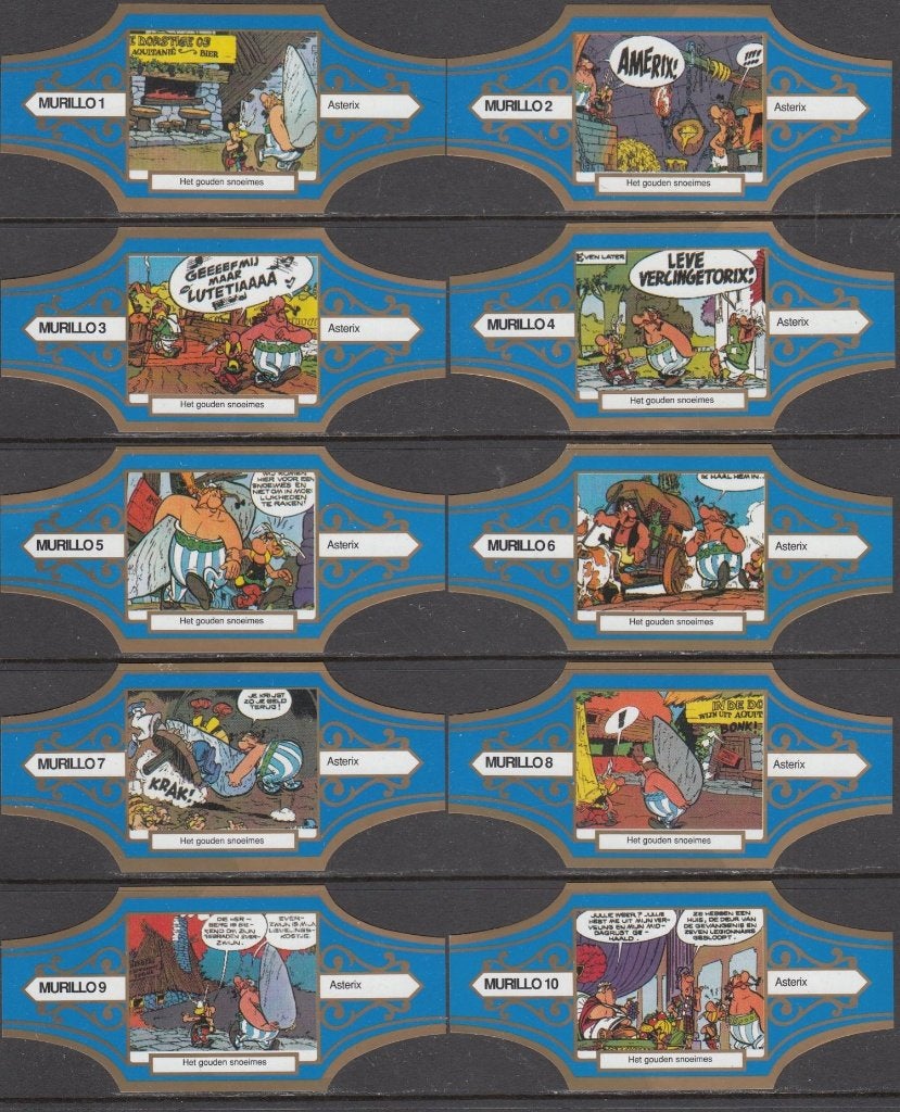 Sigarenbanden Asterix Het gouden Snoeimes, Murillo 1-10, Ophalen of Verzenden, Nieuw, Sigarenbandjes