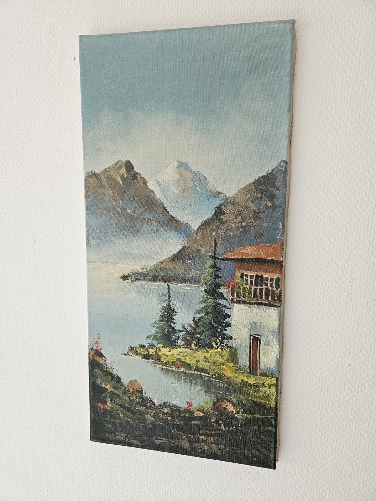 Schilderij berglandschap met meer en huisje, Antiek en Kunst, Ophalen, Doek, Realistisch, Olieverf