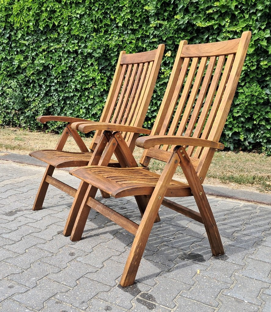 2 Barlow Tyrie teak recliners met originele kussens, Ophalen, Gebruikt, Teakhout, Verstelbaar