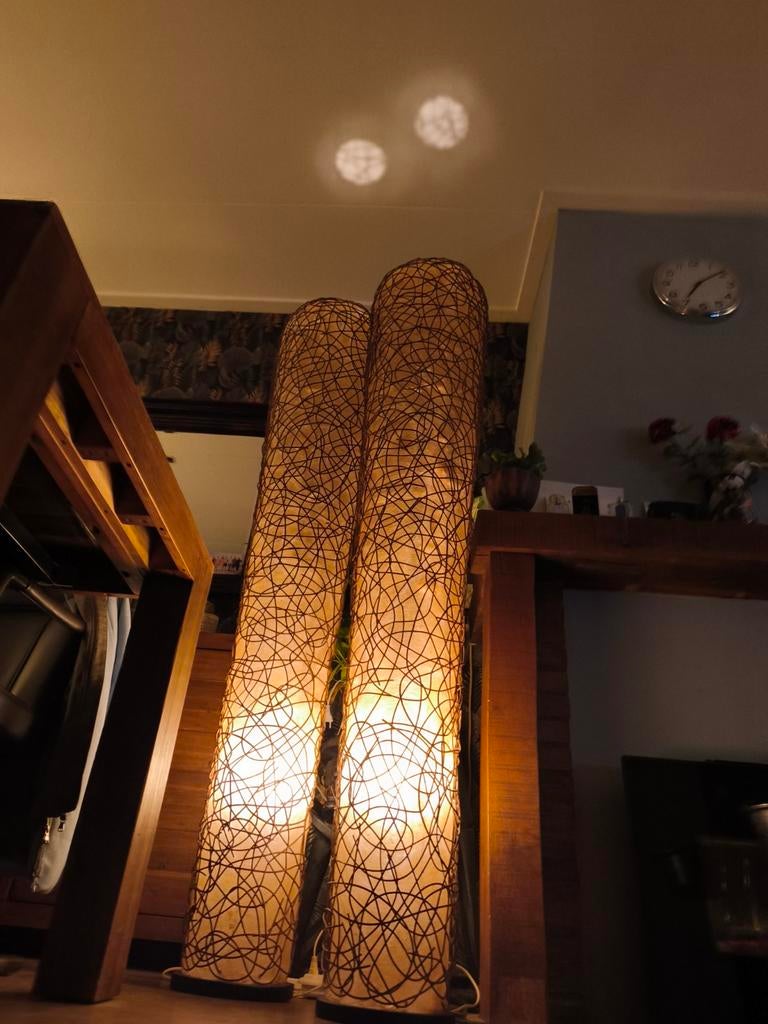 Vintage Rotan Glasvezel Vloerlampen Set - 180cm, Ophalen, Gebruikt, Vintage, Bohemian, Retro, 150 tot 200 cm