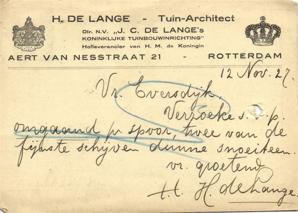 H. de Lange, Tuin-Architect, Rotterdam - 11.1917 - briefkaar, Ophalen of Verzenden, Briefkaart