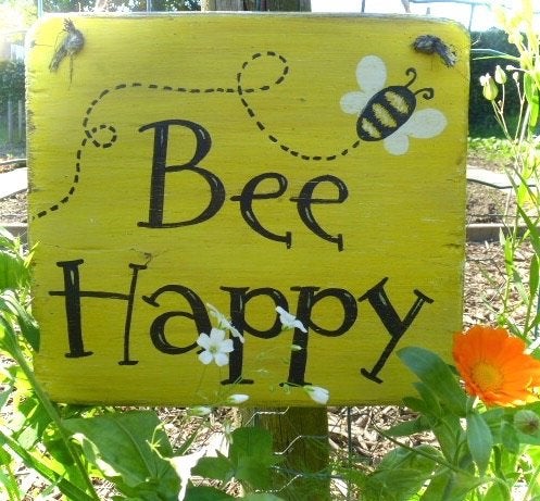 Houten geschilderd bord Bee Happy / bij / honing /decor/tuin, Tuin en Terras, Ophalen of Verzenden, Zo goed als nieuw, B6, Dj.kammeraat@telfort.nl