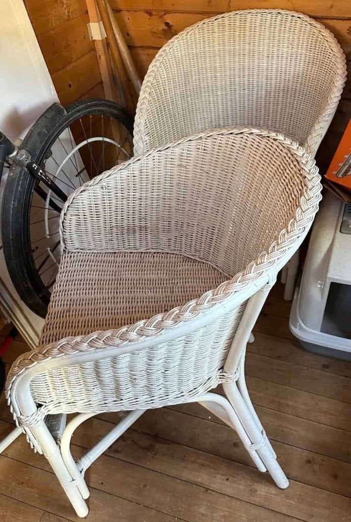 2 gevlochten rieten kuipstoelen, Tuin en Terras, Ophalen, Gebruikt, Rotan
